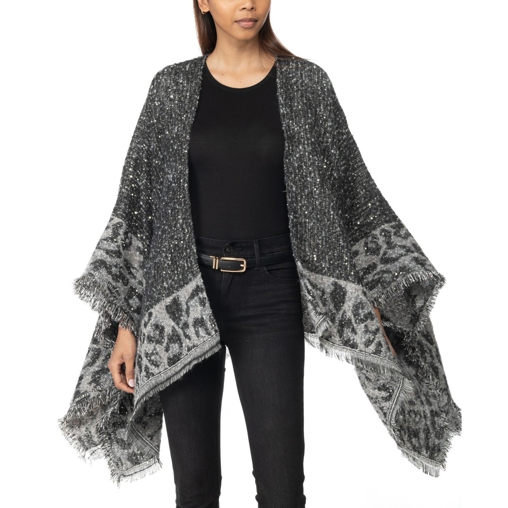 INC Topper with Sequined Animal-Print‎ Border Wrap - One Size